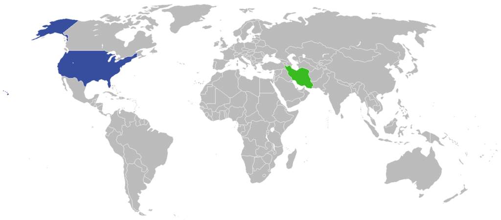 USA and Iran positions on map