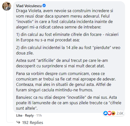 Romanian minister of Health publicly accusing the Government of tempering with the calculations of the incidence rate in Romania before the elections