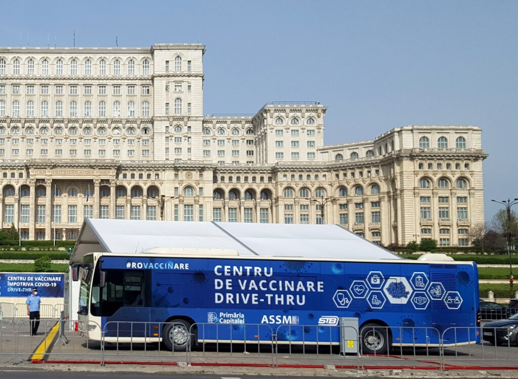 Drive-through vaccination center in Bucharest, in Piata Constitutiei