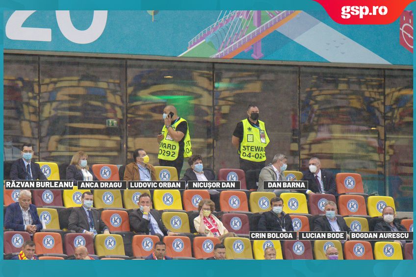 Romanian politicians in the VIP area of the National Arena in Bucharest, while Gica Hagi attends the event from the stands