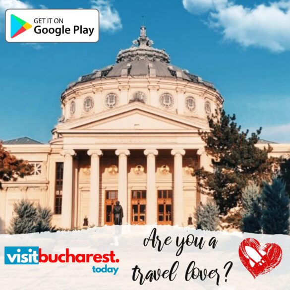 Visit Bucharest Today ad banner with Bucharest Athenaeum on the background. 