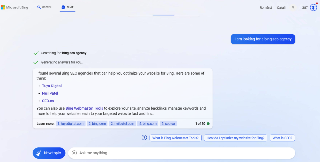 ChatGPT answers who is the best BING SEO agency in Romania
