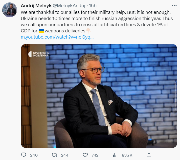 Andrij Melnyk cere 1% din PIB-ul fiecărei țări aliate