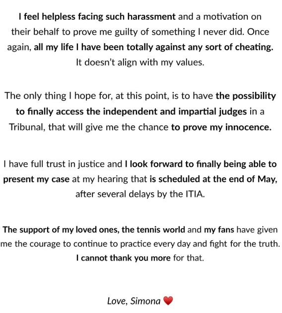 Simona Halep open letter page 2