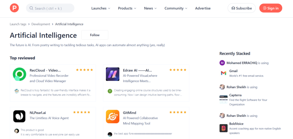 Product Hunt AI section